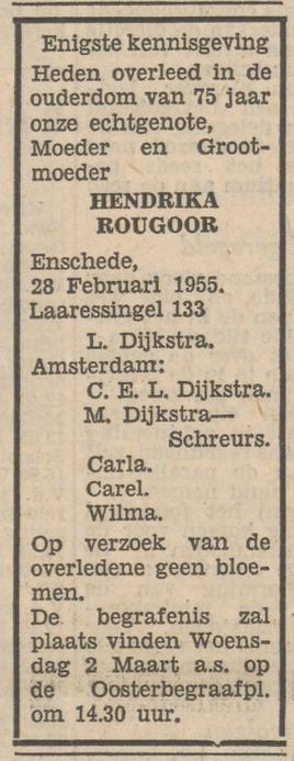 Laaressingel 133 H.Dijkstra-Rougoor overlijdensadvertentie Tubantia 28-2-1955.jpg