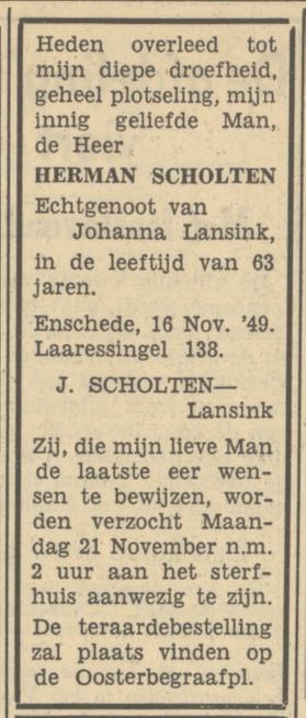 Laaressingel 138 Herman Scholten overlijdensadvertentie Tubantia 17-11-1949.jpg