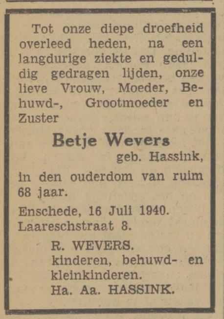 Laaresstraat 8 B.Wevers-Haasink overlijdensadvertentie Tubantia 17-7-1940.jpg