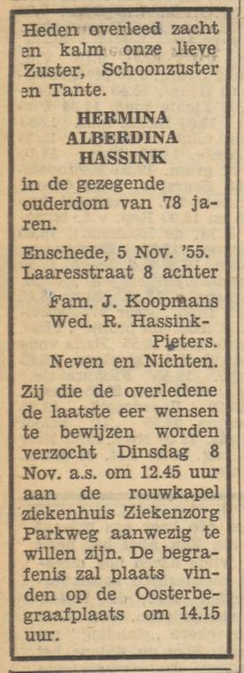 Laaresstraat 8 H.A. Hassink advrtentie Tubantia 7-11-1955.jpg