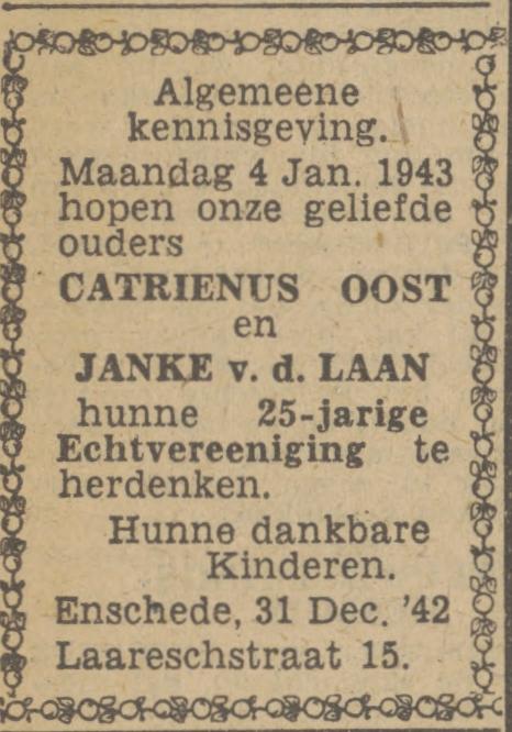 Laaresstraat 15 C.Oost advertentie Twentsch nieuwsblad 31-12-1942.jpg