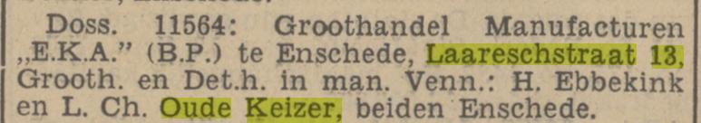 Laaresstraat 13 H.Ebbekink en L.Ch. Oude Keizer manufacturen krantenbericht Tubantia 8-10-1938.jpg