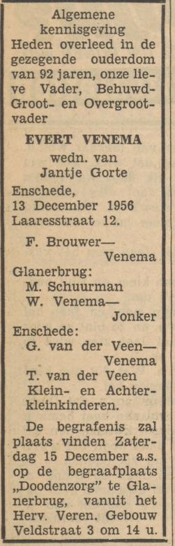 Laaresstraat 12 Evert Venema overlijdensadvertentie Tubantia 14-12-1956.jpg
