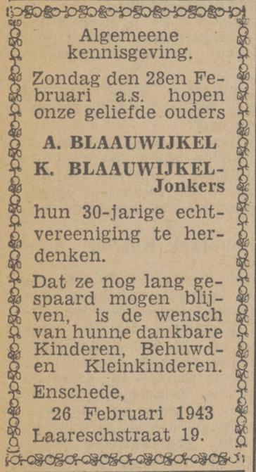 Laaresstraat 19 A.Blaauwijkel advertentie Twentsch nieuwsblad 26-2-1943.jpg