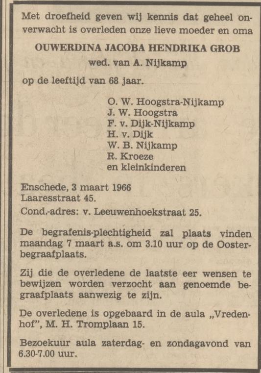 Laaresstrat 45 Wed. O.J.H. Nijkamp-Grob overlijdensadvertentie Tubantia 4-3-1966.jpg