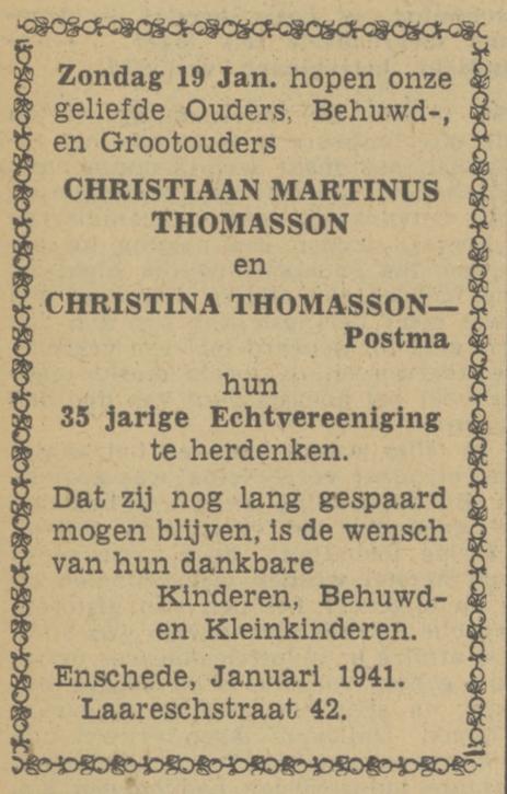 Laaresstraat 42 Ch.M. Thomasson advertentie Tubantia 16-1-1941.jpg
