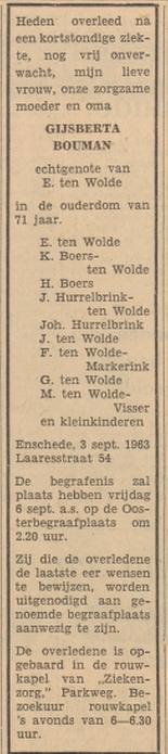 Laaresstraat 54 G. ten WoldeBouman overlijdensadvertentie Tubantia 4-9-1963.jpg
