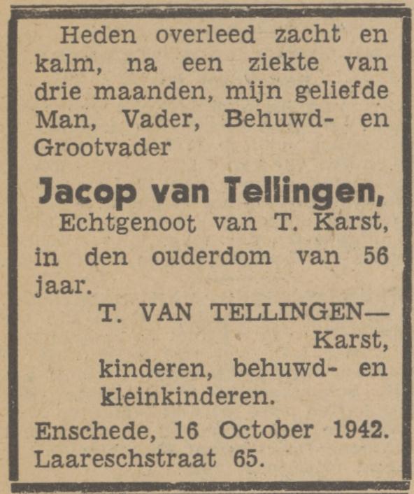 Laaresstraat 65 Jac. van Tellingen overlijdensadvertentie Tubantia 16-10-1942.jpg