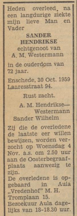 Laaresstraat 94 Sander Hendrikse overlijdensadvertentie Tubantia 31-10-1959.jpg