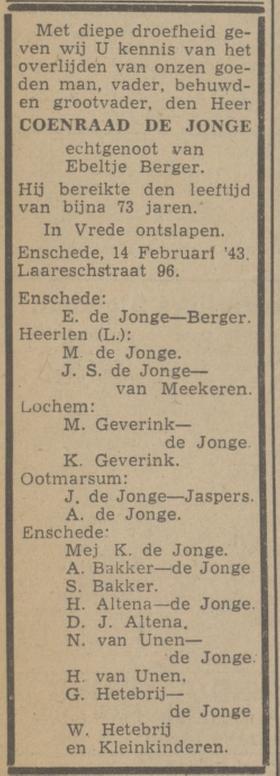 Laaresstraat 96 C. de Jonge overlijdensadvertentie Twentsch nieuwsblad 16-2-1943.jpg