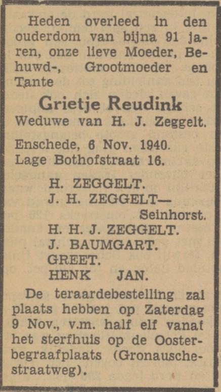 Lage Bothofstraat 16 Wed. G.Zeggelt-Reudink oerlijdensadvertentie Tubantia 6-11-1940.jpg