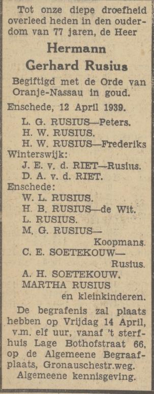 Lage Bothofstraat 66 H.G. Rusius overlijdensadvertentie Tubantia 12-4-1939.jpg
