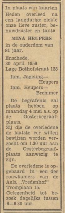 Lage Bothofstraat 128 Mina Heupers overlijdensadvertie Tubantia 1-5-1959.jpg