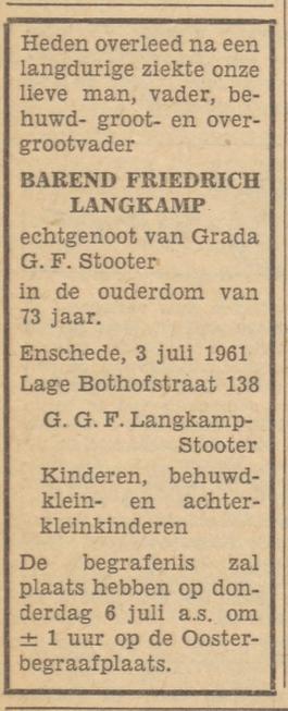 Lage Bothofstraat 136 B.F.Langkamp overlijdensadvertentie Tubantia 4-7-1961.jpg