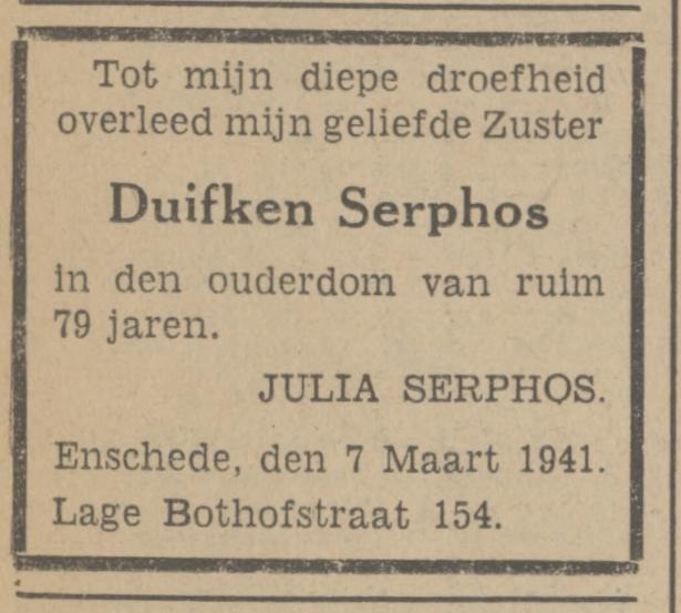 Lage Bothofstraat 154 D.Serphos overlijdensadvertentie Tubantia 8-3-1941.jpg