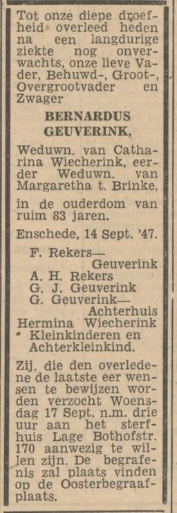 Lage Bothofstraat 170 B.Geuverink overlijdensadvertentie Tubantia 15-9-1947.jpg