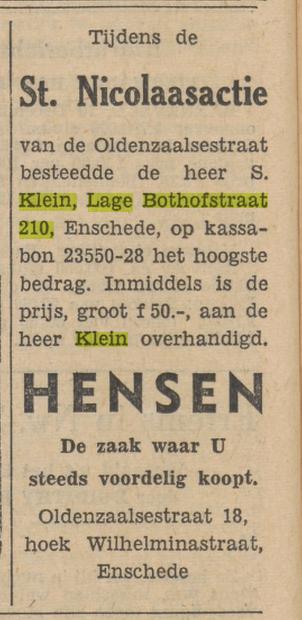 Lage Bothofstraat 210 S.Klein advertentie Tubantia 11-12-1953.jpg