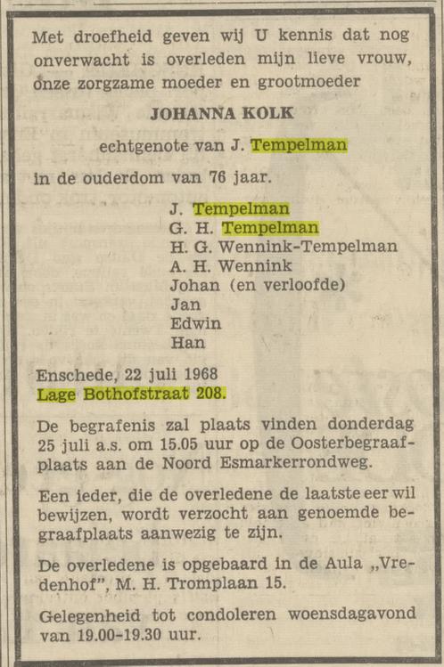 Lage Bothofstraat 208 J.Tempelman-Kolk overlijdensadvertentie Tubantia 23-7-1968.jpg
