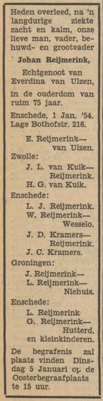 Lage Bothofstraat 216 Johan Reijmerink overlijdensadvertentie 2-1-1954.jpg