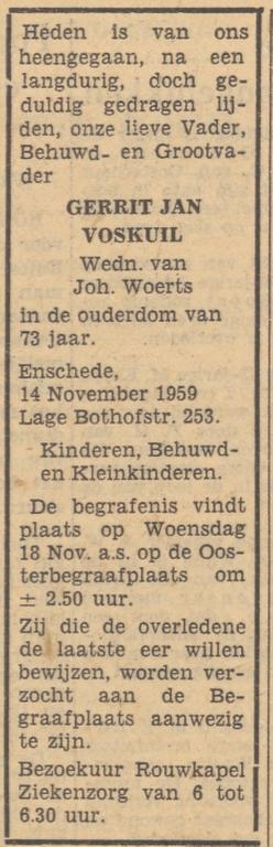 Lage Bothofstraat 253 G.J.Voskuis overlijdensadvertentie Tubantia 16-11-1959.jpg
