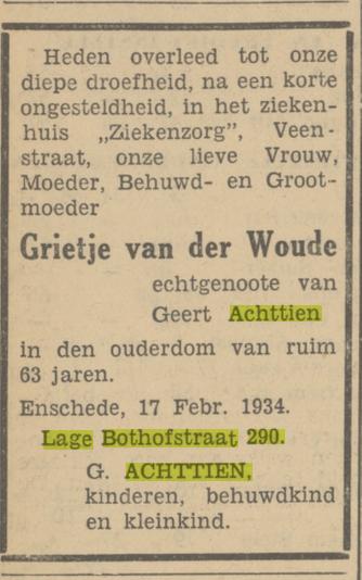 Lage Bothofstraat 290 G.Achttien-van der Woude overlijdensadvertentie Tubantia 17-2-1934.jpg