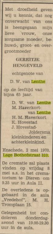 Lage Bothofstraat 310 G. van Lenthe-Hengeveld overlijdensadvertentie Tubantia 4-5-1970.jpg