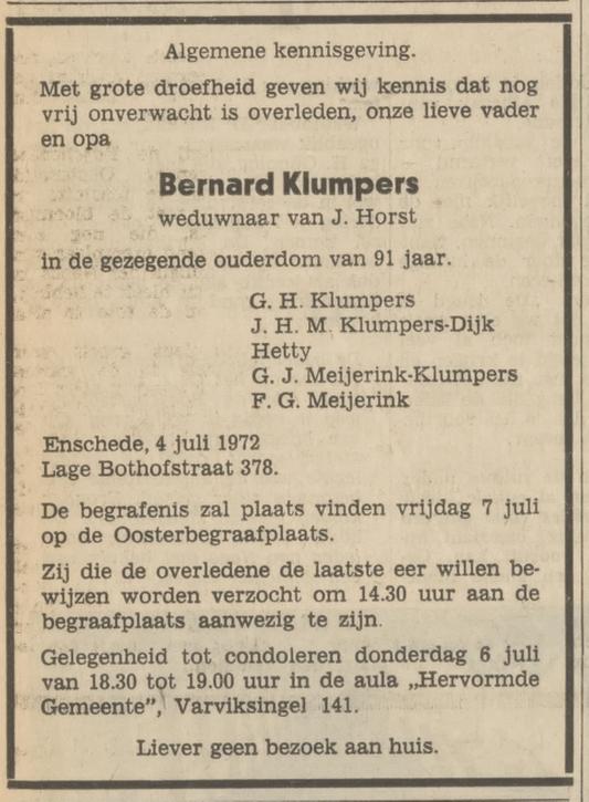Lage Bothofstraat 378 B.Klumpers overlijdensadvertentie Tubantia 5-7-1972.jpg