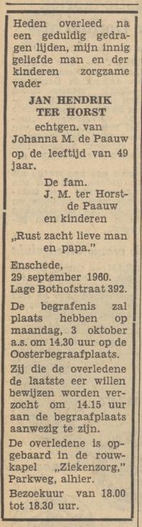 Lage Bothofstraat 392 J.H. ter Horst overlijdensadvertentie Tubantia 30-9-1960.jpg