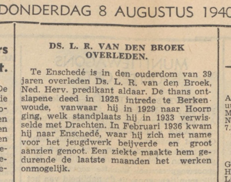 Gronausestraat 126 Ds. L.R. van den Broek overleden krantenbericht De Banier 6-8-1940.jpg