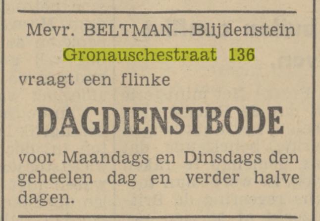 Gronausestraat 136 Mevr. Beltman-Blijdenstein advertentie Tubantia 7-9-1939.jpg