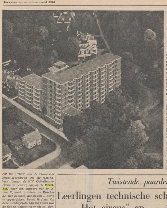 Gronausestraat 127 hoek Marthalaan-Kneedweg verzorgingsflat De Merelhof montagefoto Tubantia 22-2-1964.jpg