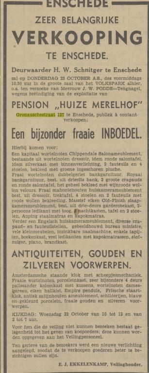 Gronausestraat 127 Pension Huize Merelhof Mevr. J.W. Podde-Tengnagel krantenbericht Tubantia 18-10-1941.jpg