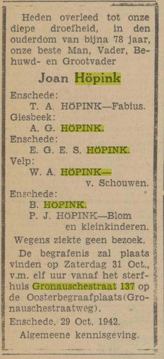 Gronausestraat 137 J.Höpink overlijdensadvertentie Tubantia 30-10-1942.jpg