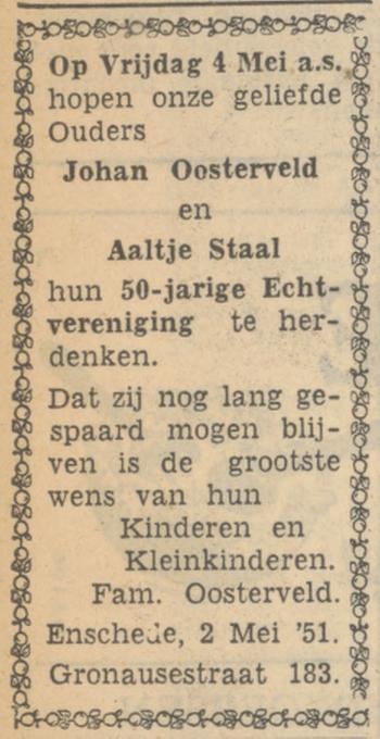 Gronausestraat 183 Johan Oosterveld advertentie Tubantia 2-5-1951.jpg