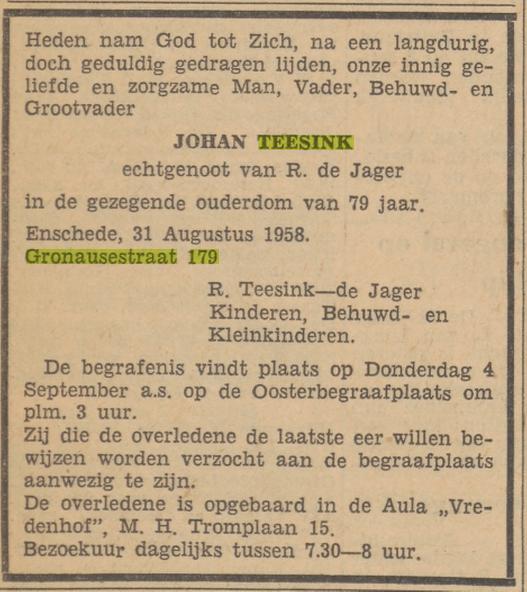 Gronausestraat 179 Johan Teesink overlijdensadvertentie Tubantia 2-9-1958.jpg