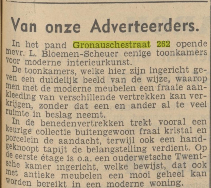 Gronausestraat 262 Mevr. L. Bloemen-Scheuer krantenbericht Tubantia 12-11-1936.jpg