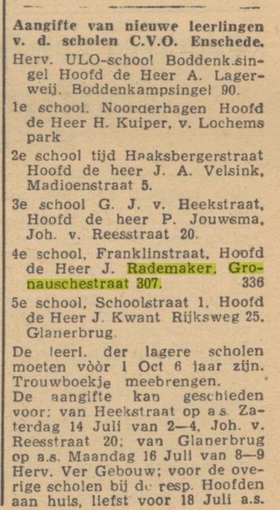 Gronausestraat 307 J.Rademaker hoofd 4e school CVO advertentie Trouw 12-7-1945.jpg