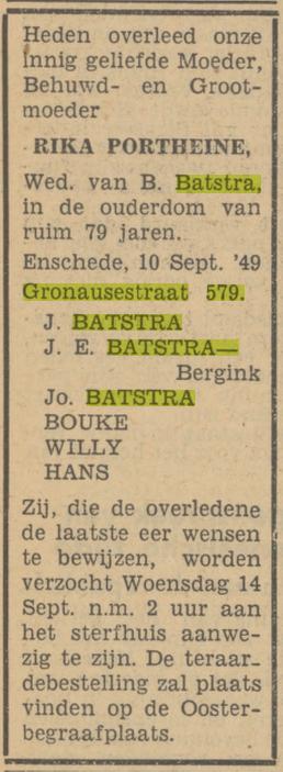 Gronausestraat 579 R.Batstra-Portheine overlijdensadvertentie Tubantia 12-9-1949.jpg