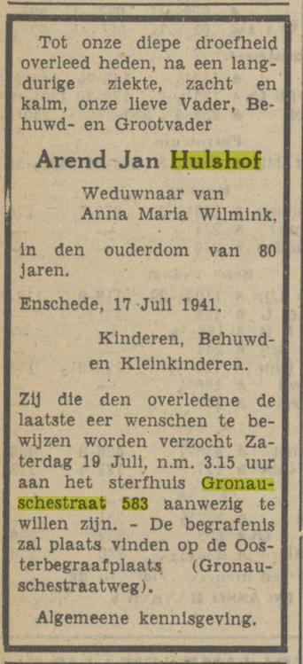 Gronausestraat 583 A.J. Hulshof overlijdensadvertentie Tubantia 17-7-1941.jpg