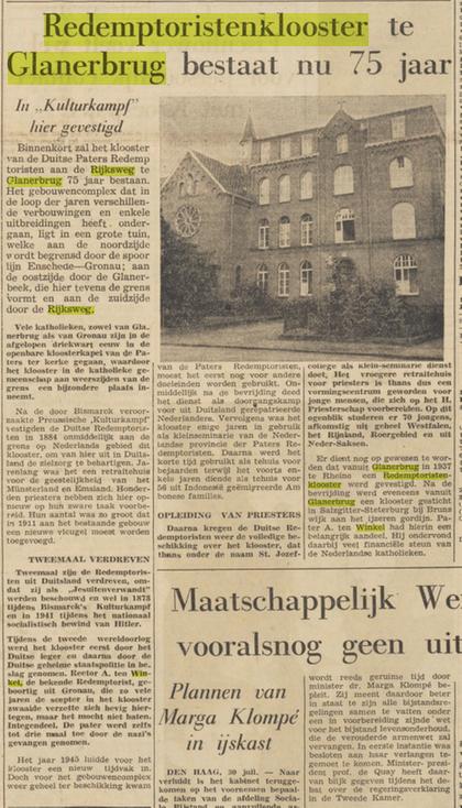 Rijksweg 2-4 later Gronausestraat 1361-1363 RedemptoristenkloosterPater A. ten Winkel krantenbericht Tubantia 31-7-1959.jpg