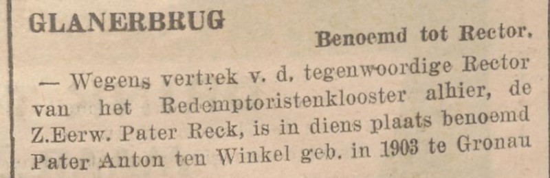Rijksweg 2 Glanerbrug Pater Anton ten Winkel rector Redemptoristenklooster krantenbericht Overijsselsch dagblad 8-4-1936.jpg