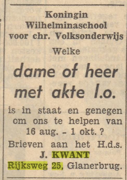 Rijksweg 25 Glanerbrug J.Kwant hoofd Koningin Wilhelminaschool voor CVO advertentie Tubantia 1-8-1958.jpg