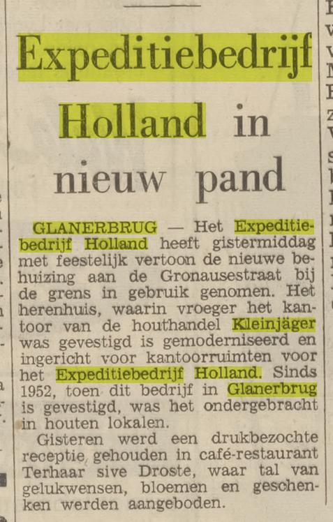 Gronausestraat 1220 Expeditiebedrijf Holland in vroegere pand houthandel Kleinjäger krantenbericht Tubantia 2-6-1967.jpg