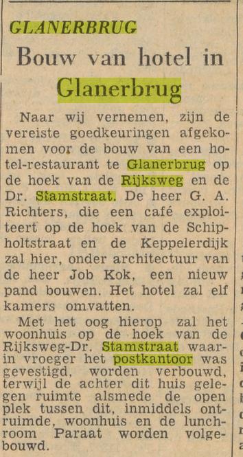 Rijksweg 45 hoek Dr. Stamstraat postkantoor wordt verbouwd tot Hotel krantenbericht Tubantia 16-4-1949.jpg