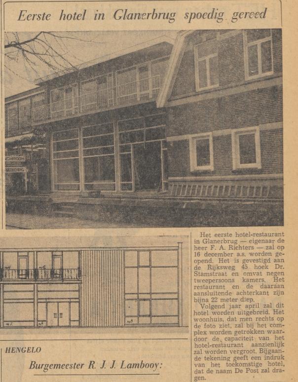 Rijksweg 45 (later Gronausestraat 1210) hoek Dr. Stamstraat Hotel De Post vroeger Postkantoor krantenbericht Tubantia 18-11-1959.jpg