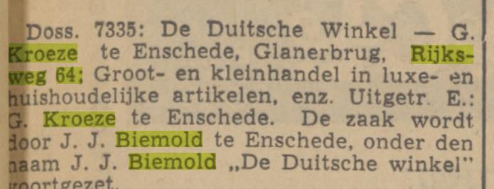 Rijksweg 64 Glanerbrug De Duitsche winkel G.Kroeze opgevolgd door J.J.Biemold krantenbericht Tubntia 30-12-1941.jpg