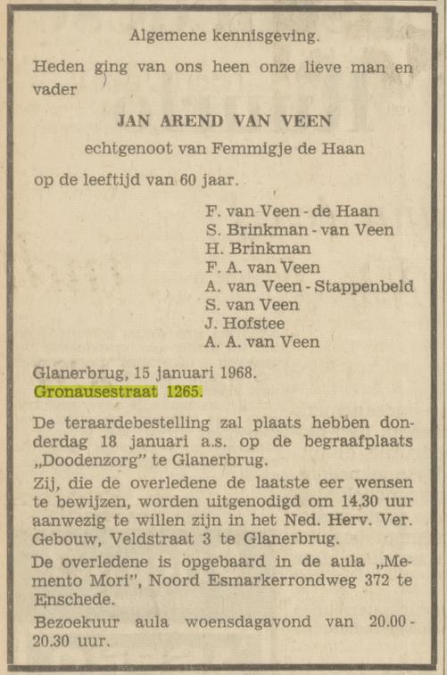 Gronausestraat 1265 J.A. van Veen overlijdensadvertentie Tubantia 16-1-1968.jpg