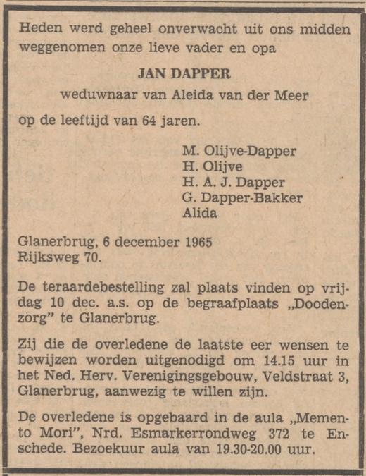 Rijksweg 70 Glanerbrug Jan Dapper overlijdensadvertentie Tubantia 8-12-1965.jpg