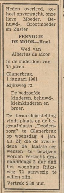 Rijksweg 72 Wed. F. de Moor-Knol overlijdensadvertentie Tubantia 2-1-1961.jpg