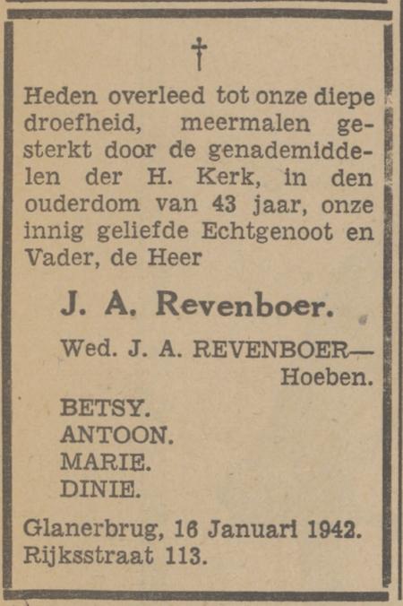 Rijksweg 113 J.A.Revenboer overlijdensadvertentie Tubantia 17-1-1942.jpg